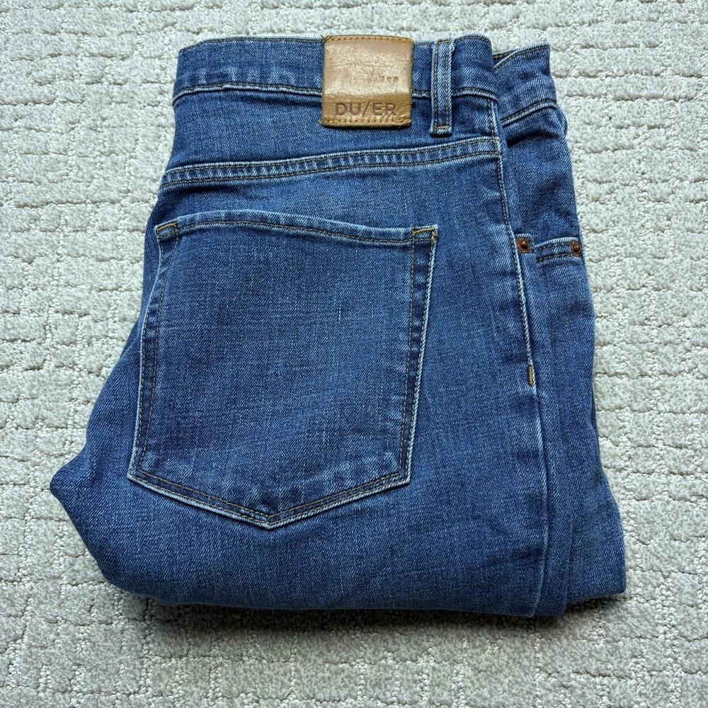 DU/ER DUER Jeans Women's 31x29 Blue Stretch Mid-Rise Button Fly Temp Regulated